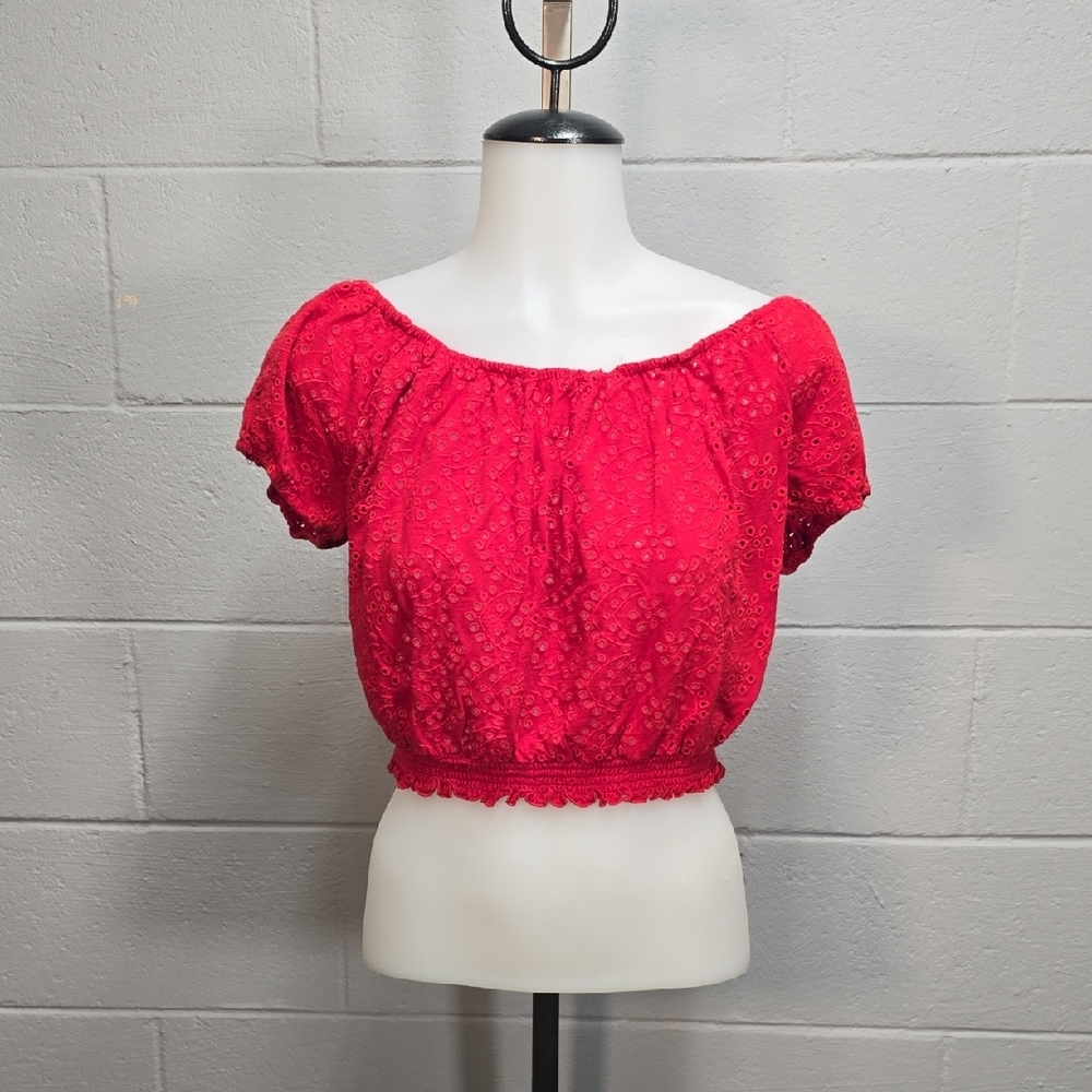 Hollister Red Puff Sleeve Smocked Crop Blouse